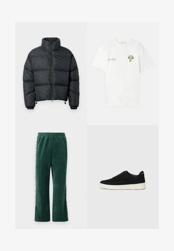 Melnas puffjakas ar kvadrātveida dizainu, augstu apkakli, priekšējo rāvējslēdzēju un elastīgām piedurknēm. Gluda tekstūra ar smalku rakstu.; Balts kokvilnas T-krekls ar zaļajiem brokoļiem uz kreisā krūšu daļas un izdrukātu tekstu labajā pusē. Īsas piedurknes, apaļa kakla izgriezums.; Tumši zaļi velūra sporta bikses ar elastīgu jostu, ar vertikālām šuvēm un baltām sānu paneļiem ar melnu tekstu. Taisna piegriezuma.; Melnas zamšas kedas ar auklām un kontrastējošu baltu gumijas zoli. Iekļauj teksturētas sānu panēles un diskretu zīmolu uz papēža.