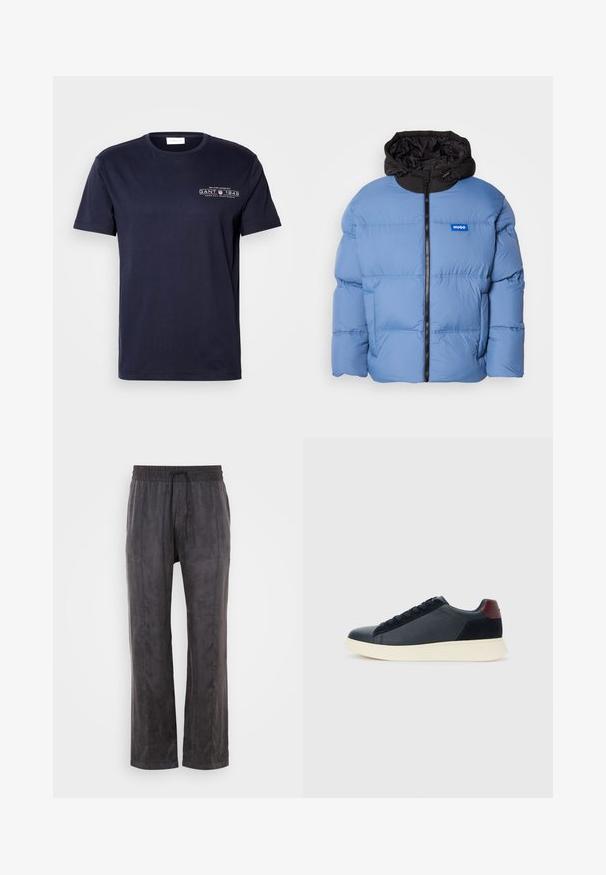 Vaaleansininen höyrytakki, jossa on musta huppu, etuvetoketju ja vaakasaumat. Vasemmassa rinta-alueessa on sininen logo.; Merenmu blue cotton T-paita, jossa on pyöreä pääntie, lyhyet hihat ja etupuolella valkoinen painatus "GANT 1949". Silkkinen rakenne, klassinen istuvuus.; Mustat housut pehmeästä kankaasta, jossa on sileä pinta, joustava vyötärönauha ja naru, leveät lahkeet ja sivusaumat.; Miestne bežecké tenisky s nízkym strihom v čiernej koži a semišovej úprave s bordovým jazykom a bielou gumovou podrážkou, pohľad z vonkajšej strany.