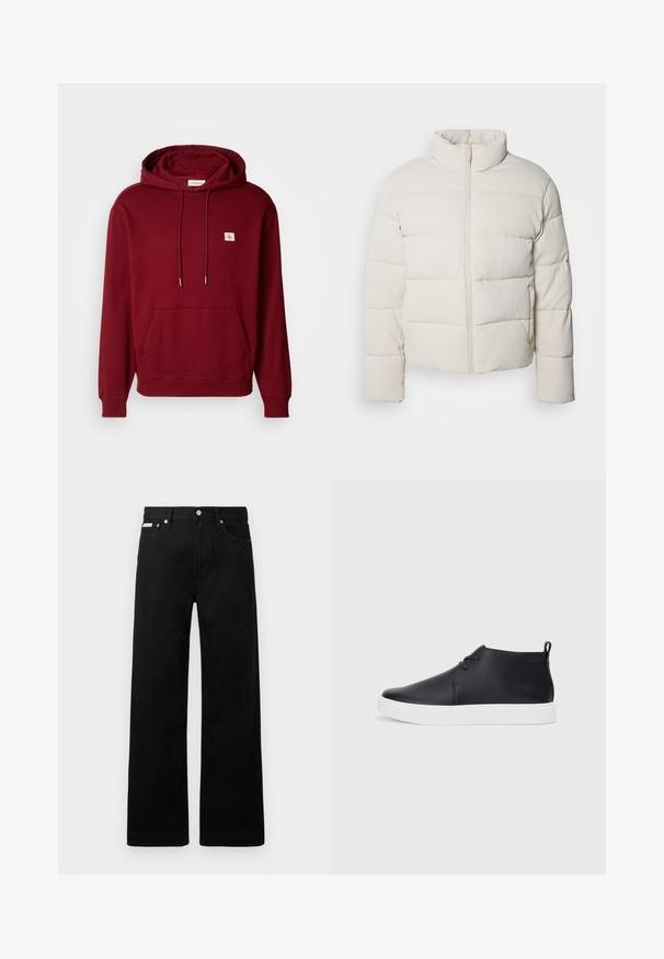 Pufasta jakna kremne barve z visokim ovratnikom, vodoravnim šivom, sprednjim zadrgo in nekoliko skrajnimi rokavi. Vodoodporen material.; Bordo kapuca s puloverom iz mehkega bombaža, s sprednjim žepom, vrvicami in majhno oznako, z žepi in robom iz rebraste tkanine.; Črne jeans hlače širokega kroja, z petimi žepi in kovinskimi gumbi. Gladka tekstura, brez vidnih vzorcev.; Črne usnjene visoke superge s gladko površino, bela gumijasta podloga in preprosta zasnova vezalk. Imajo držalo na hrbtni strani.