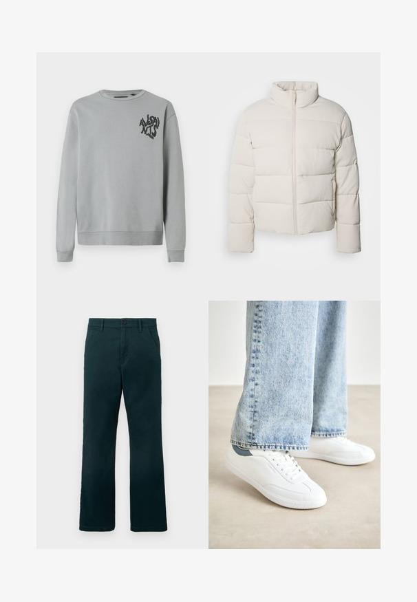 Pufasta jakna kremne barve z visokim ovratnikom, vodoravnim šivom, sprednjim zadrgo in nekoliko skrajnimi rokavi. Vodoodporen material.; Svetlo siva majica s kapuljačom, izdelana iz mehkega blaga, z okroglo ovratnico in dolgimi rokavi. Črn grafični napis na levem prsnem delu.; Temnozeleni hlače ravnega kroja z zankami za pas, stranskimi žepi in gumbom za zapiranje na enobarvni beli podlagi.; Bele superge iz gladkega materiala, z vezalkami, z teksturiranim gumijastim podplatom in teal akcentom na peti, v kombinaciji z svetlobe modrimi džinsami.