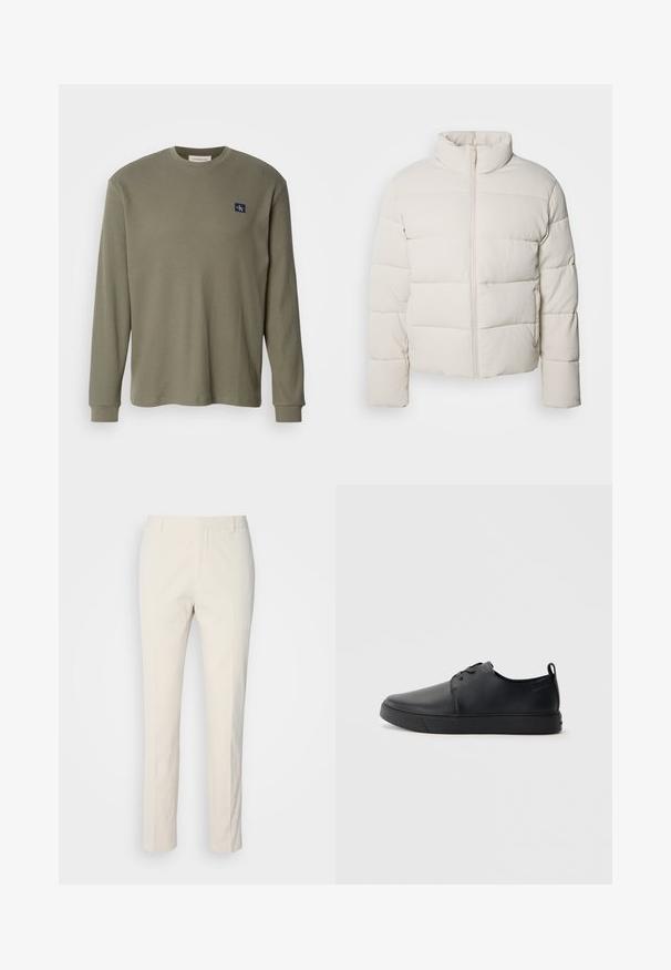 Jakna s punjenjem u boji kreme s visokim okovratnikom, horizontalnim šavovima, prednjim patentnim zatvaračem i blago skraćenim rukavima. Vodootporan materijal.; Majica dugih rukava u maslinasto zelenoj boji s rebrastom teksturom, okruglim izrezom i mornarskim logotipom na lijevoj strani prsnog dijela. Tkanina izgleda mekano i ima teksturu.; Pantalone boje kreme s teksturiranim materijalom. Ima ravne nogavice, petlje za pojas i dvije prednje džepove. Bez uzoraka.; Crne kožne tenisice s glatkom površinom, zaobljenim vrhom, tonom prošivanja, vezanjem sprijeda i ravnim gumenim potplatom. Oko pete se nalazi učka.