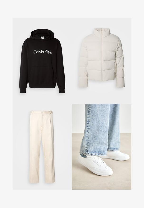 Jachetă puf cu culoare crem, cu guler înalt, model de cusături orizontale, fermoar frontal și mâneci ușor scurte. Material rezistent la apă.; Hanorac negru din bumbac, cu un buzunar frontal, având logo-ul alb "Calvin Klein" pe piept și manșete și tiv din bumbac ribat.; Pantaloni din bumbac bej, cu croială dreaptă, dotati cu închidere cu nasture și pliuri în față pentru un plus de detaliu.; Adidași albi din material neted, cu un design cu șireturi, talpă din cauciuc texturat și un accent verde la călcâi, asortați cu blugi bleu deschis.