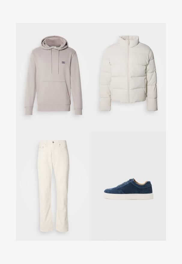 Giacca a vento color crema con colletto alto, motivo a cucitura orizzontale, zip frontale e maniche leggermente accorciate. Materiale resistente all'acqua.; Hoodie grigio chiaro con tasca frontale, cappuccio con cordino, polsini e orlo a costine, con un piccolo patch con logo sul lato sinistro del petto.; Jeans in cotone beige con un classico design a gamba dritta, dotati di chiusura frontale con bottone, cinque tasche e dettagli di cucitura discreti.; Sneaker in pelle scamosciata blu con suola in gomma bianca, design con lacci, punta arrotondata e interno in contrasto color tan. Dettagli di cucitura sottili.