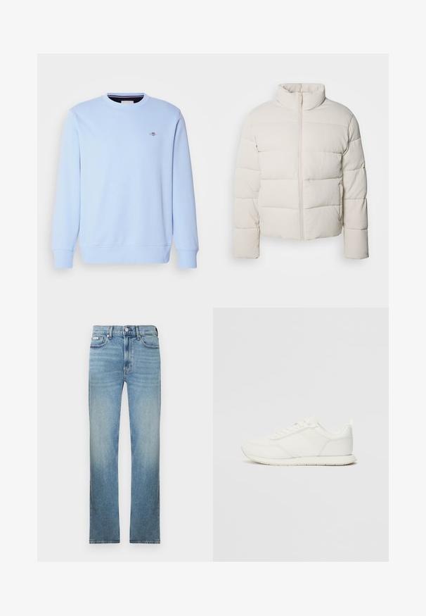Pufasta jakna kremne barve z visokim ovratnikom, vodoravnim šivom, sprednjim zadrgo in nekoliko skrajnimi rokavi. Vodoodporen material.; Svetlo modra majica s kapuco, izdelana iz mehkega blaga, z okroglim vratnim izrezom, dolgimi rokavi in majhnim logotipom na prsih. Riboššeni manšeti in spodnji rob.; Svetlo modre kavbojke iz jeansa s pravim krojem hlačnic, z zasnovo s petimi žepi in bledenim zaključkom. Imajo zadrgo s gumbi in zanke za pas.; Bela tenisa z mrežasto in sintetično zgornjo plastjo, okroglo oblikovano prstno območje, ravne vezalke in teksturirana stranska črta. Gumijast podplat z zanko na hrbtni strani.