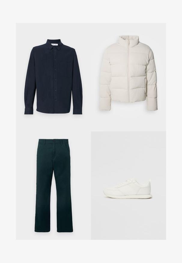 Jakna s punjenjem u boji kreme s visokim okovratnikom, horizontalnim šavovima, prednjim patentnim zatvaračem i blago skraćenim rukavima. Vodootporan materijal.; Tamnoplava košulja dugih rukava od mekog materijala, sa dugmadima sprijeda, oštrim okovratnikom i jednim džepom na prsima.; Tamnozelene ravne hlače s petljama za pojas, bočnim džepovima i kopčanjem na dugme na ravnoj bijeloj pozadini.; Bijela tenisica s gornjim dijelom od mrežice i sintetičkog materijala, okrugli vrh, ravne vezice i teksturirani bočni trak. Gumeni potplat s petnim trakicom.