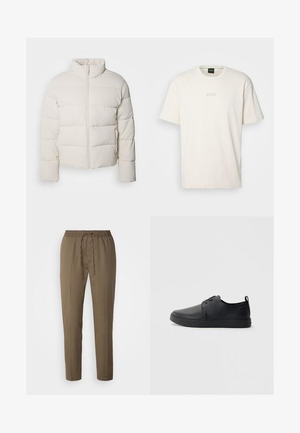 Ecrufarbene Pufferjacke mit hohem Kragen, horizontalem Steppmuster, Frontreißverschluss und leicht kürzeren Ärmeln. Wasserabweisendes Material.; BOSS TEE - T-Shirt basic - open white; Braune, leichte Hosen mit elastischem Taillenbund und Kordelzug. Sie haben gerade Beine und eine glatte Textur. Keine Taschen.; Schwarze Leder-Sneaker mit glatter Oberfläche, abgerundeter Zehenpartie, gleichfarbiger Nähte, schnürbarem Vorderteil und flacher Gummisohle. Schlaufe an der Ferse.