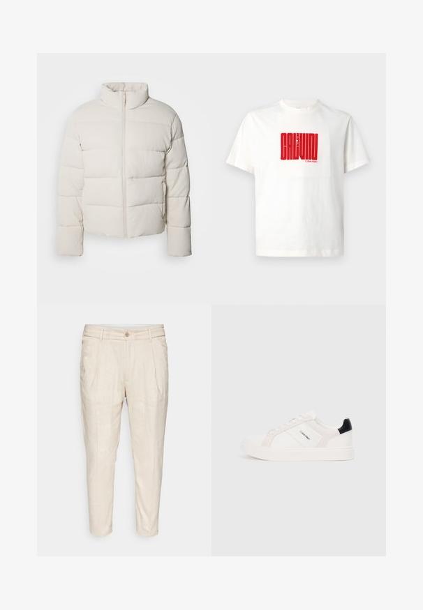 Veste doudoune de couleur crème avec un col haut, un motif de couture horizontal, une fermeture éclair sur le devant et des manches légèrement raccourcies. Matière résistante à l'eau.; T-shirt en coton blanc avec un grand imprimé graphique rouge de "CALVIN KLEIN" sur le devant, avec un col rond et des manches courtes.; Pantalons en lin beiges avec une finition légèrement texturée, design fuselé, plis avant et fermeture à un bouton à la taille.; Baskets blanches avec des accents rose clair et noirs, featuring des panneaux en cuir lisse et en daim, bout rond et semelle plate en caoutchouc.