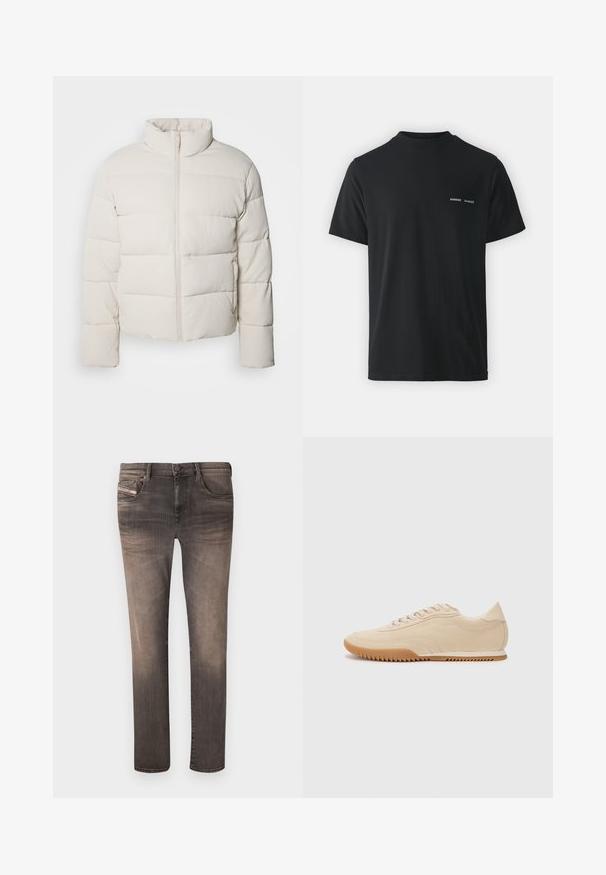 Kremkrāsas pūkains mētelis ar augstu apkakli, horizontālu šuvju rakstu, priekšējo rāvējslēdzēju un nedaudz saīsinātām piedurknēm. Ūdensizturīgs materiāls.; Melnās kokvilnas T-krekls ar klasisku apaļu kaklu, īsām piedurknēm un diviem maziem baltiem "SAMSØE" logotipiem uz kreisā krūšu.; Tievās džinsās izbalējusi melnā krāsā ir pieci kabatas, jostas cilpas un rāvējslēdzējs. Materiāls ir nedaudz teksturēts ar smalkām noberzumiem.; Bežā zamša kedas ar plūstošu dizainu, kurām ir strukturēta virsma, noapaļota purngalu un gumijas zole ar zigzaga rakstu.