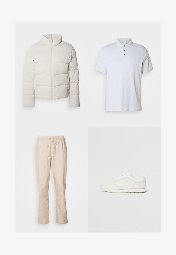 Jachetă puf cu culoare crem, cu guler înalt, model de cusături orizontale, fermoar frontal și mâneci ușor scurte. Material rezistent la apă.; Cămașa polo albă-albăstruie, din bumbac, cu o deschidere cu trei butoane, guler pliat, mâneci scurte și un mic logo pe piept.; Pantaloni bej cu o croială lejeră, talie elastică și cordon de ajustare. Textură netedă, picior ușor conic și fără modele sau accesorii vizibile.; Tenis alb cu un superior din plasă și material sintetic, vârf rotund, șireturi plate și o dungi texturată pe lateral. Talpă din cauciuc cu un tab la spate.