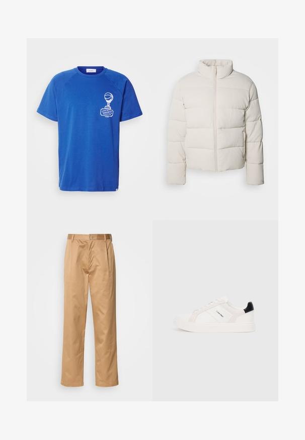 Kremkrāsas pūkains mētelis ar augstu apkakli, horizontālu šuvju rakstu, priekšējo rāvējslēdzēju un nedaudz saīsinātām piedurknēm. Ūdensizturīgs materiāls.; Zila kokvilnas T-kreklā ar īsām piedurknēm, raglana dizains, ar baltu basketbola kausa grafiku un tekstu priekšā. Maiga faktūra.; Khaķi bikses, kokvilnas maisījums, taisna kāja, priekšējās krokas, jostas cilpas un pogu aizdare. Gluda tekstūra bez rakstiem.; Baltās kedas ar gaiši rozā un melniem akcentiem, ar gludu ādu un zamšādas paneļiem, apaļu purngalu un plakanu gumijas zoli.