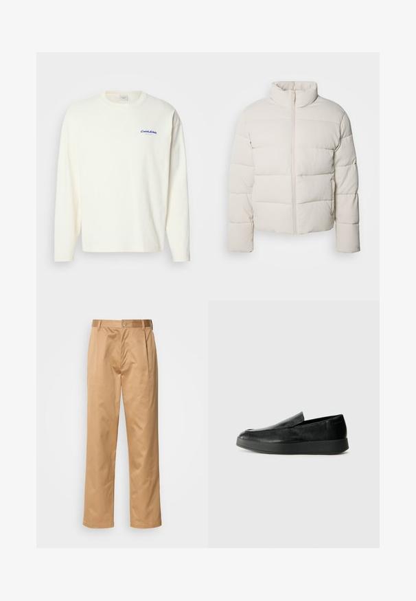 Koorevärvi puffjakke kõrge kraega, horisontaalse õmbluse mustriga, esimesel lukul ja veidi lühenenud varrukatega. Veekindel materjal.; Pikad varrukad, kreemivärvi t-särk, mis on valmistatud puuvillast, ümarate kaelustega, vasakul rinnaalal on väike sinine Calvin Kleini logo. Pehme tekstuur.; Khekilõngid, puuvilla segu, sirge jala disain, ees olevad voldid, vööloopid ja nupuga sulg. Sile tekstuur ilma mustriteta.; Calvin Klein HYBRID CUP - Jalga libistatavad jalanõud - triple black