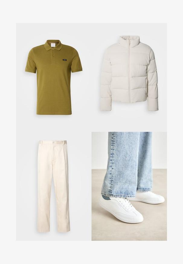 Kremfarget dunjakke med høy krage, horisontalt stikkmønster, glidelås foran og litt korte ermer. Vannavvisende materiale.; Olivengrønn polo skjorte laget av myk bomull. Har klassisk krage, to knapper, og en liten merke-logo på venstre bryst. Korte ermer.; Beige bomullsbukser med rett benfatt, med knappelukking og folder foran for ekstra detaljer.; Hvite sneakers med glatt materiale, snøring, teksturert gummisåle, og en teal akcent ved hælen, kombinert med lyseblå jeans.
