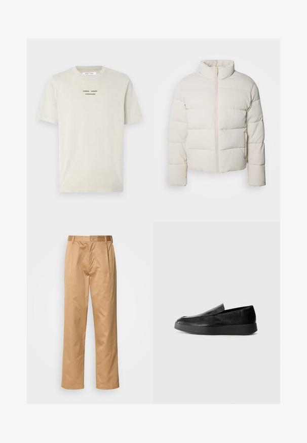 Cream-colored puffer jacket with a high collar, horizontal stitch pattern, front zipper, and slightly cropped sleeves. Water-resistant material.; Light beige cotton t-shirt featuring short sleeves, crew neck, and black printed text "SAMSE SAMSØ COPENHAGEN" centered on the chest.; Khaki trousers, cotton blend, straight-leg design, front pleats, belt loops, and button closure. Smooth texture with no patterns.; Calvin Klein HYBRID CUP - Slip-ons - triple black