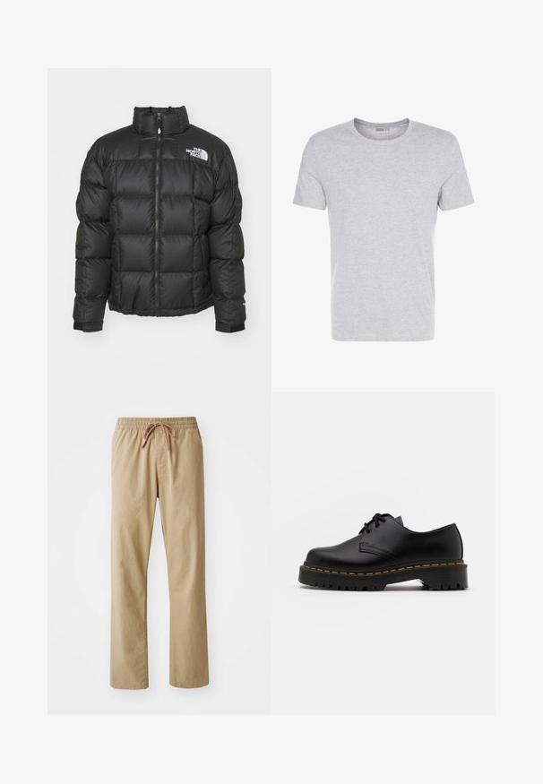 Czarna kurtka puchowa z wysokim kołnierzem, zapinana na zamek błyskawiczny, z pikowanym wzorem. Posiada logo na lewej piersi oraz elastyczne mankiety.; Szara bawełniana koszulka z okrągłym dekoltem, krótkimi rękawami i gładkim wzorem, charakteryzująca się miękką, gładką fakturą oraz brakiem widocznych wzorów czy ozdób.; Jasno beżowe spodnie z elastycznym paskiem w talii i sznurkiem do ściągania. Wykonane z miękkiego materiału, mają proste nogawki i gładką fakturę.; Czarne skórzane buty na sznurówki z zaokrąglonym noskiem, teksturowaną gumową podeszwą i żółtym przeszyciem wokół podstawy. Płaski design i gładkie wykończenie.