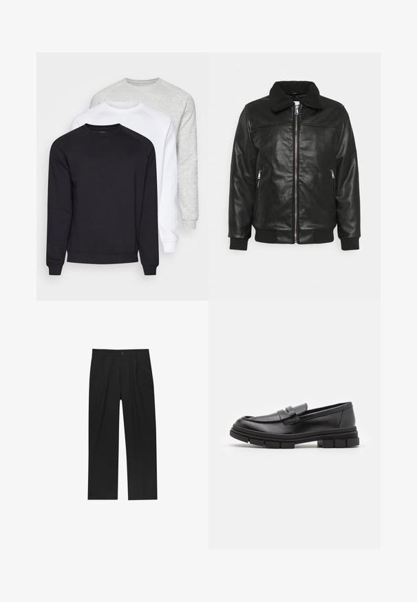 Lindbergh JACKET - Jakna iz umetnega usnja - black; Tri crewneck trenirke v črni, beli in svetlo sivi barvi. Imajo dolge rokave, rebraste manšete in mehko, teksturirano tkanino.; Črne hlače z ravnim krojem, narejene iz gladkega materiala. Imajo sprednje gube in enojno zaponko na pasu.; Črne usnjene loafersice z gladkim zaključkom, ki imajo sprednji trak in debel gumijast podplat z utori.