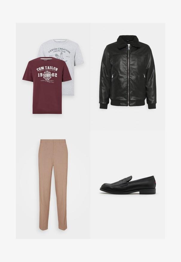 Lindbergh JACKET - Chaqueta de cuero sintético - black; Dos camisetas: una en marrón con estampado blanco, que presenta el logo "TOM TAILOR"; otra en gris claro con texto gráfico azul y diseño de ave. Mangas cortas, mezcla de algodón.; Pantalones tipo sastre beige hechos de tela texturizada, con un diseño de pierna recta, bolsillos frontales y pasadores para cinturón, con un acabado limpio.; Mocasines de cuero negro con un acabado suave, punta redondeada y una pequeña solapa decorativa. Presentan un tacón bajo y apilado, así como un detalle sutil de marca.