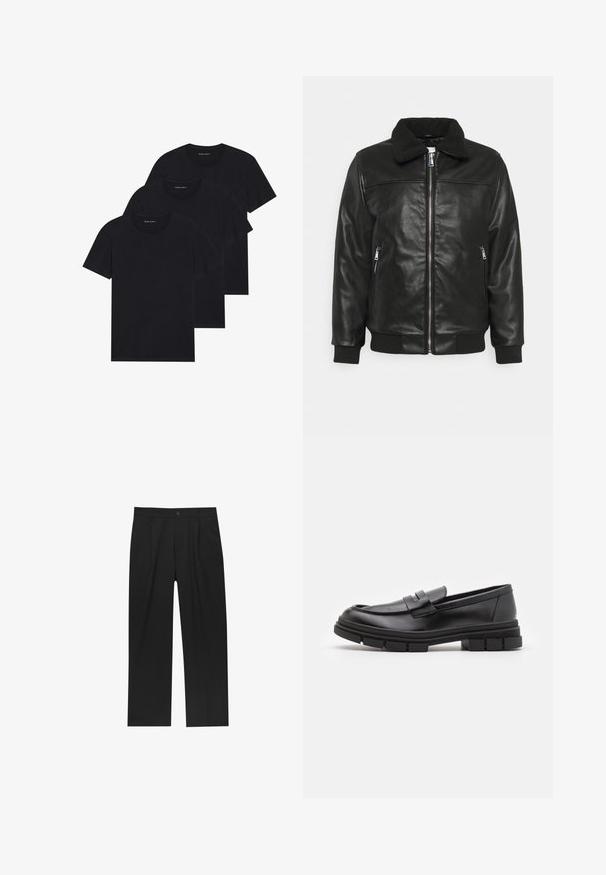 Lindbergh JACKET - Imitatieleren jas - black; Drie zwarte katoenen t-shirts met een ronde hals, korte mouwen en een eenvoudig ontwerp. Elk shirt heeft een zichtbaar logo nabij de halslijn.; Zwarte broeken met een recht model, gemaakt van een gladde stof. Voorzien van een voorplooien en een enkele knoopsluiting bij de taille.; Zwarte leren instappers met een gladde afwerking, voorzien van een voorste banddetail en een stevige rubberen zool met gegroefde accenten.