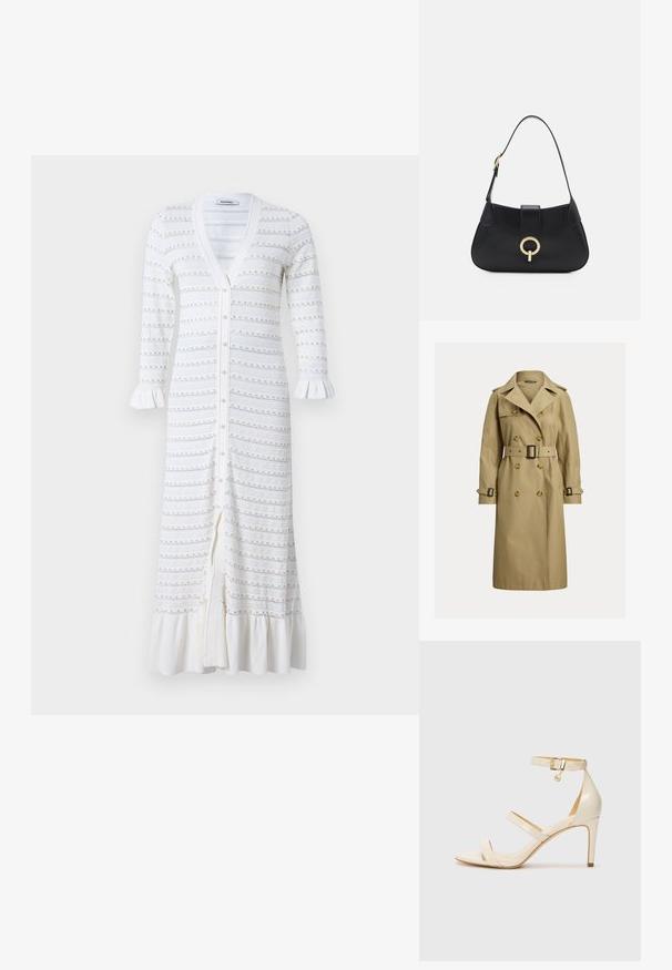 Klassieke beige trenchcoat gemaakt van een katoenmix, met dubbelgeknoopte knopen, een ceintuur in de taille en schouderepauletten.; sandro ROBE MIDI ENCOLURE FRILL - Jurk - ecru; Beige hoge hakken sandaal met dunne enkelband en twee bovenste banden. Glanzende lakafwerking en gouden hardware detail op de enkelband.; Zwarte leren handtas met een gebogen silhoutte, korte schouderband, centrale goudkleurige hardware en een gladde textuur. Geen zichtbare patronen of accenten.