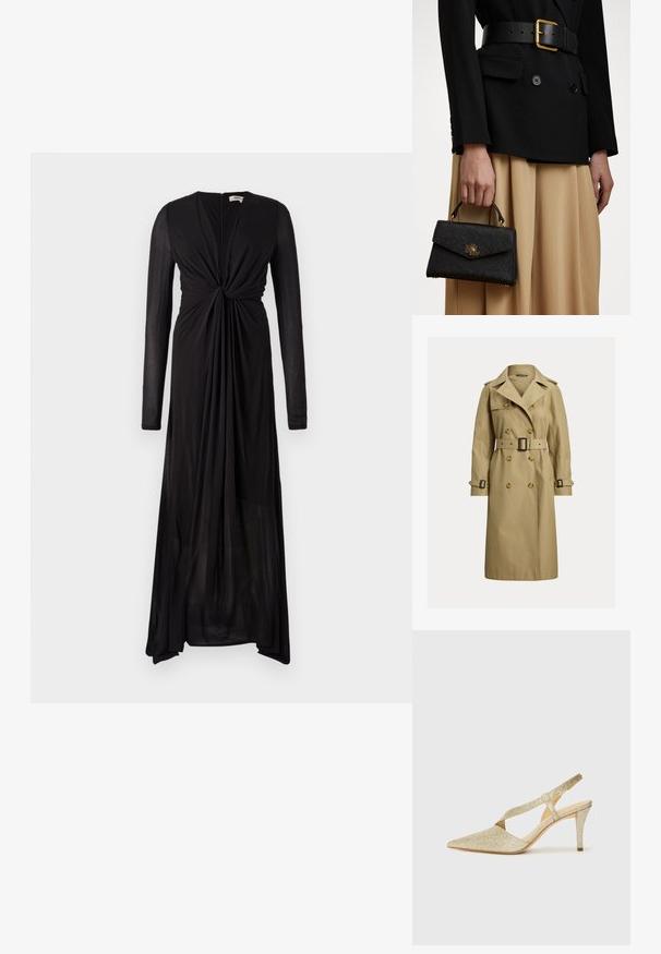 Klassisk beige trenchcoat i en bomullsmix, med dubbelknäppning, belagd midja och axelklaffar.; Svart långärmad klänning med knutdetalj framtill och flödande tyg. Har en djup V-ringning och en gradvis fåll för elegant drapering.; Glittrande guld slingback-pumpsko med spetsig tå, tunn ankelrem och smal klack. Ytan har en texturerad metallisk finish.; Svart strukturerad handväska med texturerad yta, guldfärgad hårdvara och ett handtag på toppen. Bärs med en svart blazer och en beige kjol.