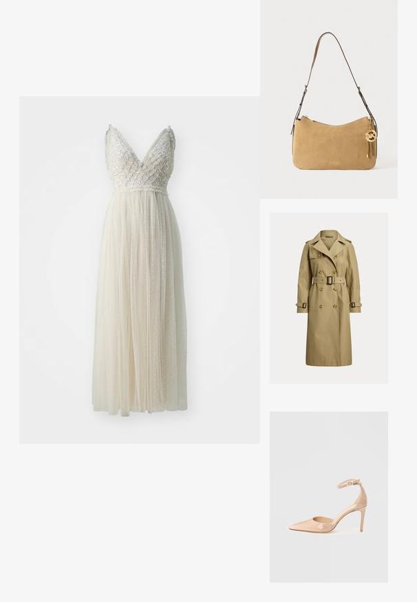 Klassikaline beežist trench coat, mis on valmistatud puuvillasegusest kangast, topeltklõpsude, vöökohtade ja õlavarre epaulettidega.; Needle & Thread HEART LATTICE BODICE CAMI ANKLE GOWN EXCLUSIVE - Pidulikud riided - cream; Naha nahkadele paigutatud teravvarvaste jalanõud, millel on pahkluu rihm ja stilettokõrgus, silmapaistva sileda tekstuuri ja minimalistliku disainiga.; Bež nubukist õlakott, millel on kumer kuju, kuldne riistvara ja tõmblukuga sulgemine. Omab külge kinnitatud võlu, millel on initsiaalid "MK."