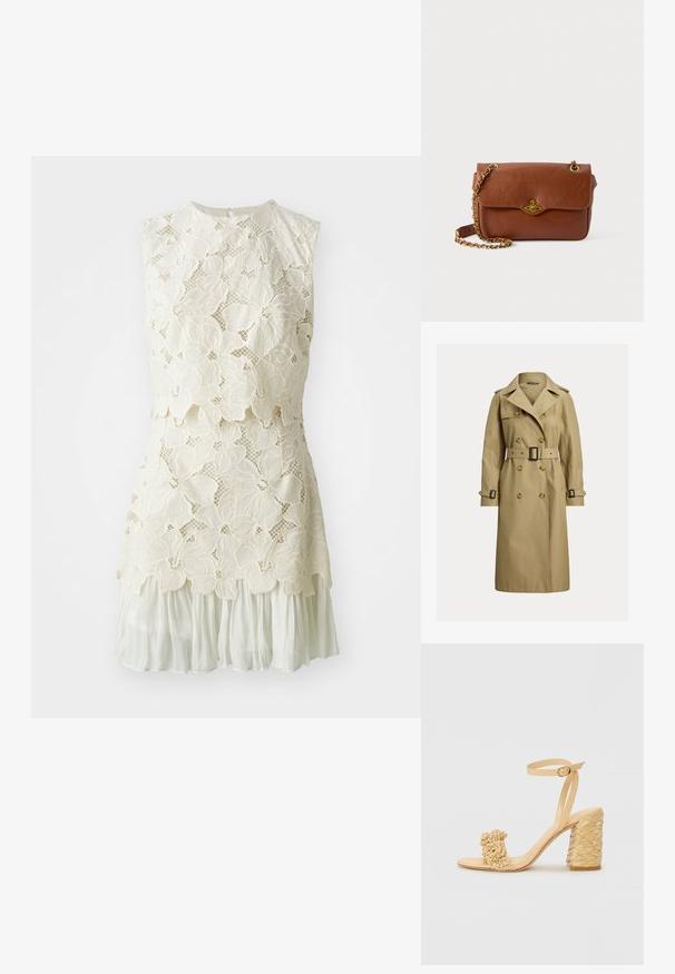 Klassischer beiger Trenchcoat aus einem Baumwollgemisch, mit doppelter Knopfleiste, tailliertem Gürtel und Schulterklappen.; Spitzenkleid mit Blumenmuster in Elfenbein, mit schichtetem Design und einem durchsichtigen, fließenden unteren Teil.; Beige High-Heel-Sandale mit geflochtener Textur, dekorativer Blume und Knöchelriemen. Der quadratische Absatz sorgt für Stabilität.; Braune Leder-Crossbody-Tasche mit Klappenverschluss, goldenen Beschlägen und einer Kettenriemen. Glatte Textur, rechteckige Form, minimalistische Details.