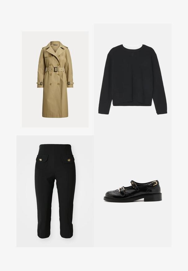 Classico trench coat beige realizzato in misto cotone, caratterizzato da bottoni doppi, vita con cintura e spalline sulle spalle.; Felpa nera con maniche lunghe, scollatura a girocollo e orlo leggermente accorciato. Realizzata in un tessuto morbido, presenta un discreto dettaglio del logo sul davanti.; Pantaloni neri slim fit con due tasche frontali dotate di bottoni dorati, texture liscia e lunghezza cropped. Design classico per un utilizzo versatile.; Scarpe in pelle nera con dettagli brogue, dotate di due cinturini con fibbia, punta arrotondata e tacco basso. Texture liscia con finitura lucida.