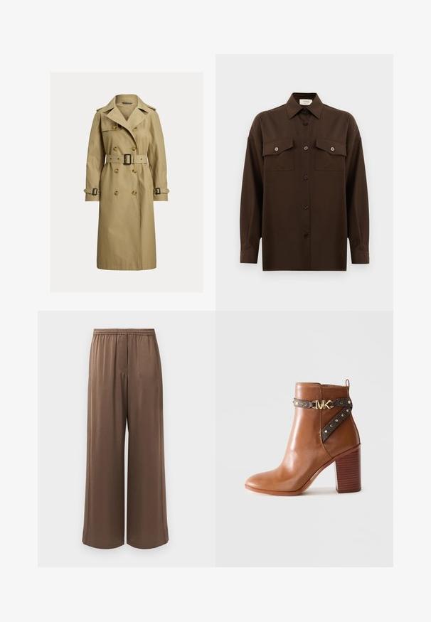 Trench coat clássico em bege, feito de uma mistura de algodão, com botões duplos, cintura cingida e epauletes nos ombros.; Camisa de botões de manga longa castanho-escuro, com dois bolsos de aba no peito e um colarinho clássico, apresentada contra um fundo branco liso.; Calças largas castanhas com faixa elástica na cintura e tecido suave, apresentadas contra um fundo branco liso.; Bota de tornozelo em couro castanho com salto bloco empilhado, tira lateral com studs dourados e fivela com o logotipo "MK" dourado.