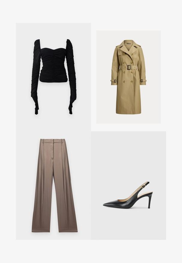 Klassischer beiger Trenchcoat aus einem Baumwollgemisch, mit doppelter Knopfleiste, tailliertem Gürtel und Schulterklappen.; Schwarzes, langärmeliges Oberteil mit rüschenartiger Textur, schulterfreiem Design und figurbetonter Silhouette. Das Material wirkt dehnbar und glatt.; Weite Hosen in einem gedeckten Taupe-Ton, aus glattem Stoff mit satinartiger Oberfläche. Mit einem taillierten Bund und dezenten Falten.; Schwarze Leder-Slingback-High-Heels mit spitzem Zehenbereich, verstellbarem Riemen und schlankem Stiletto-Absatz, ausgestattet mit einer glatten Oberfläche.