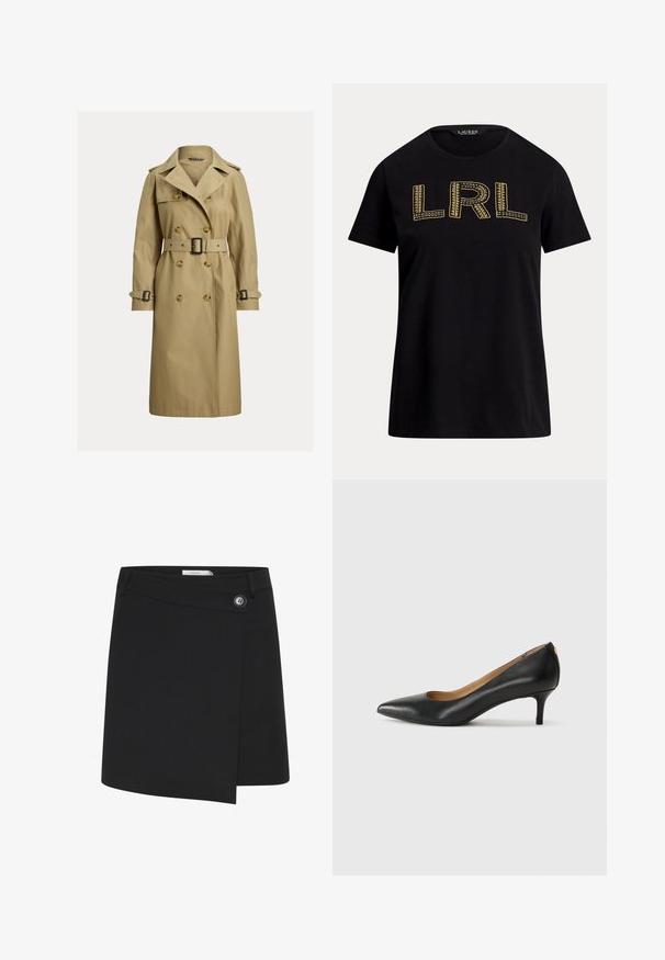 Klassischer beiger Trenchcoat aus einem Baumwollgemisch, mit doppelter Knopfleiste, tailliertem Gürtel und Schulterklappen.; Schwarzes Baumwoll-T-Shirt mit kurzen Ärmeln, das auf der Vorderseite den goldenen gestickten "LRL"-Text präsentiert. Rundhalsausschnitt, lässiger Schnitt, glatte Textur.; Schwarzer Wickelrock aus glattem Stoff, mit einem seitlichen Knopfdetail und einem asymmetrischen Saum für ein strukturiertes Aussehen.; Schwarzer Lederpumps mit spitzem Zehenbereich, niedrigem Absatz und glatter Textur. Verfügt über eine leichte Öffnung an der Vorderseite und minimale Beschläge an der Rückseite.