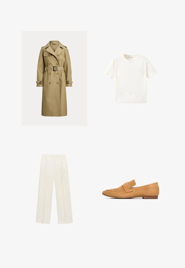 Trench coat clasic bej, confecționat dintr-un amestec de bumbac, având nasturi dublu-rând, talie bazată pe curea și epauleți pe umeri.; Pulover alb cu mânecă scurtă, având un model cu tricotaj în cablu, guler rotund și tiv răsucit. Textură moale, ajustare casuală și design curat.; Pantaloni cu picioare largi, de culoare crem deschis. Realizați dintr-un material neted, cu plisuri în față și buzunare laterale.; Loaferi din suede bej, cu toc plat, vârf rotund și o curea cusută peste vamp pentru un finisaj rafinat.