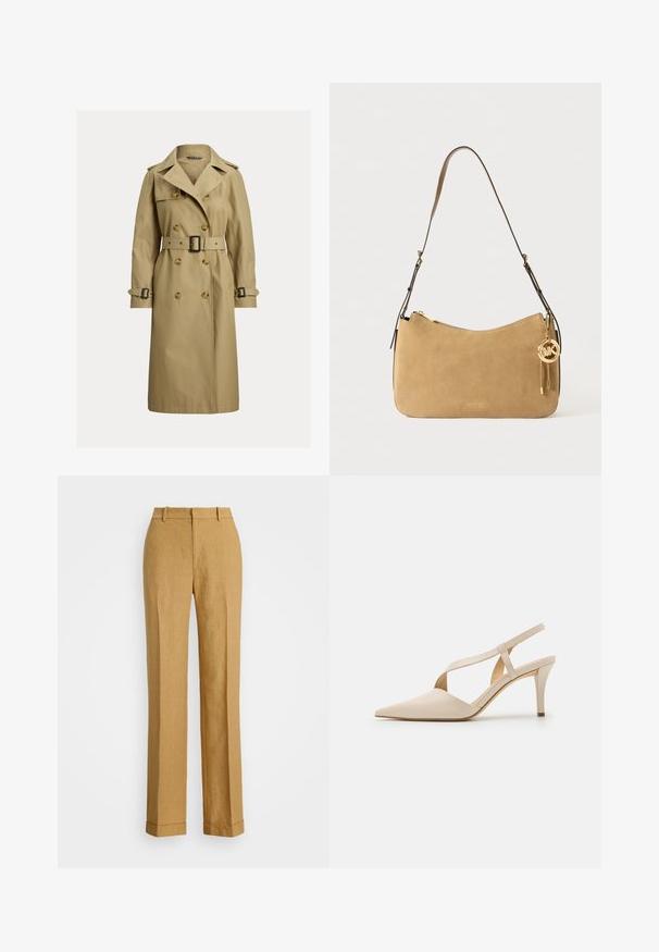Trench-coat beige classique en mélange de coton, avec des boutons double boutonnage, une taille ceinturée et des épaulettes.; Top sans manches marron en tissu texturé avec un col rond et deux plis verticaux à l'avant. Design simple et ajusté.; Polo Ralph Lauren YARD LINEN FULL FLAT FRONT - Pantalon classique - sand dune; Talons slingback beiges avec un design à bout pointu. Fabriqués en matériau lisse, présentant un talon effilé et un détail de sangle croisée pour un maintien sécurisé.; Sac à épaule en suède beige avec une forme courbée, quincaillerie dorée et fermeture éclair. Possède un charm attaché avec les initiales "MK".