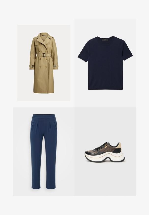 Klasisks beigu trenča mētelis, kas izgatavots no kokvilnas maisījuma, ar divrindas pogām, jostu ap vidu un plecu apdari.; Tums zilā īsajām piedurknēm T-krekls, kas izgatavots no mīksta auduma, ar apaļu izgriezumu un ribotām malām, gluda tekstūra un bez redzamām rakstām.; Tumši zili augstās vidukļa bikses ar elastīgu jostu, taisnām platajām kājām un sānu kabatām, izvietotas uz vienkāršas fona.; Masīvi sneki ar brūnu rakstainu audumu, melnas ādas akcentiem, zelta detaļām un izteiksmīgu baltu zolu ar melnu apmalīti.