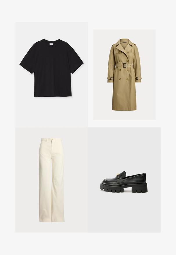 Klassikaline beežist trench coat, mis on valmistatud puuvillasegusest kangast, topeltklõpsude, vöökohtade ja õlavarre epaulettidega.; Must have lühikeste varrukatega must puuvillane T-särk. Sellel on lõdva lõikega, ümar kaelus ja pole nähtavaid mustreid ega kaunistusi.; Polo Ralph Lauren COTTON CORDUROY WIDE-LEG PANT - Püksid - warm white; Mustast nahkfrontaalid, millel on paks tald, esiosas kullatooni aksent ja sile viimistlus. Talse paksu mustriga disain.