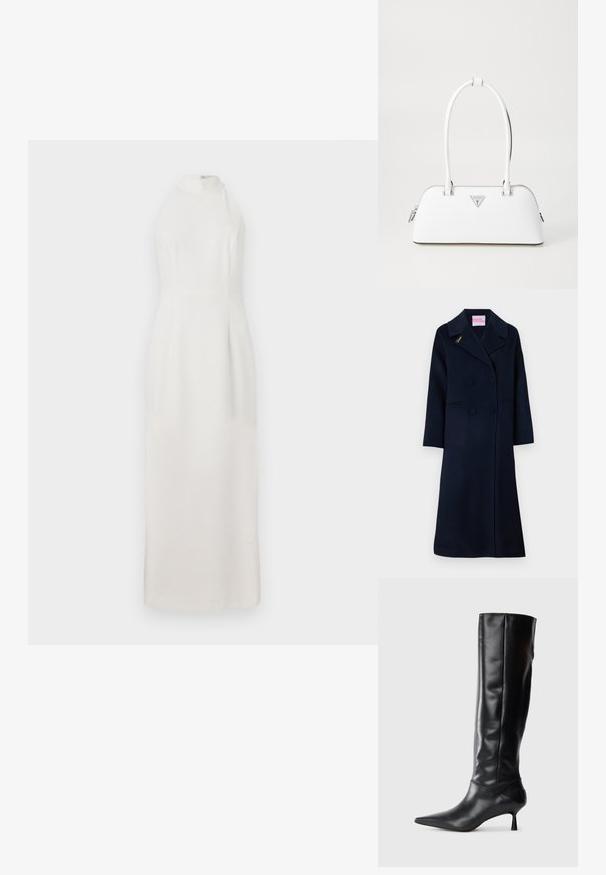 Navy double-breasted coat made of wool, featuring a wide collar, side pockets, and gold "Fideli" embroidery on the lapel.; White, sleeveless dress with a high neck, made of smooth fabric. Features a fitted bodice and a flowing skirt that extends to the floor.; Black leather knee-high boot with a pointed toe and slim curved heel. Smooth texture, fitted design, and no visible hardware or patterns.; White leather handbag with a curved shape, featuring a silver triangular logo and zipper closure. Smooth texture and dual handles.