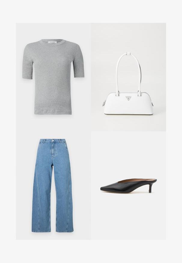 Navy double-breasted coat made of wool, featuring a wide collar, side pockets, and gold "Fideli" embroidery on the lapel.; Gray knitted sweater featuring a cat graphic in black and beige, with the word "Future" in pink across the front.; Gray short-sleeve shirt made from ribbed fabric. Features a round neckline and a fitted design with clean edges and minimal detailing.; Light blue wide-leg jeans made of denim, featuring a high waist, straight cut, and contrasting stitching along the seams.; Black leather mules with a pointed toe and low, block heel. Smooth texture with a sleek design. Open back with minimal detailing.; White leather handbag with a curved shape, featuring a silver triangular logo and zipper closure. Smooth texture and dual handles.