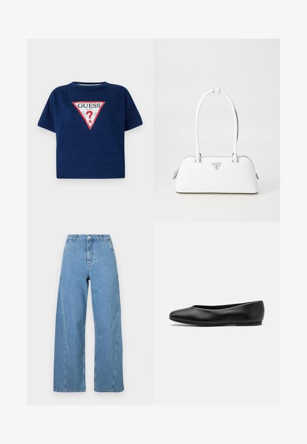 Námornický dvouřadý kabát vyrobený z vlny, s širokým límcem, bočními kapsami a zlatým vyšitým logem "Fideli" na klopě.; Šedý pletený svetr s grafikou kočky v černé a béžové barvě a s nápisem "Future" v růžové na přední straně.; Námořnická modrá trička s krátkým rukávem s červeno-bílým trojúhelníkovým logem s nápisem "GUESS" a otazníkem uprostřed. Měkká textura látky.; Světle modré široké džínsy z denimu, s vysokým pasem, rovného střihu a kontrastním prošíváním podél švů.; Paul Smith TOPANGA - Klasické baleríny - black; Bílá kožená kabelka s zakřiveným tvarem, na které se nachází stříbrné trojúhelníkové logo a zipové uzavření. Hladký povrch a dvojité uši.