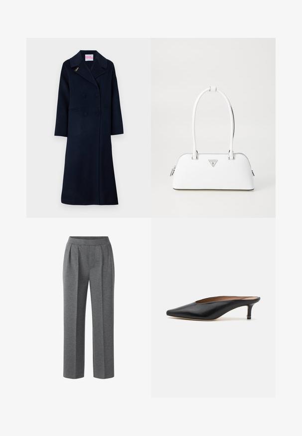 Marineblauwe double-breasted jas van wol, met een brede kraag, zijzakken en gouden "Fideli" borduursel op de revers.; Grijs gebreid sweater met een kattenafbeelding in zwart en beige, met het woord "Toekomst" in het roze over de voorkant.; Grijze geplooide broeken van zachte stof. Heeft een vlakke voorkant en brede pijpen, wat zorgt voor een ontspannen pasvorm. Geen zichtbare hardware of accenten.; Zwarte leren muiltjes met een puntige neus en een lage, blokhak. Glad oppervlak met een gestroomlijnd ontwerp. Open achterkant met minimale details.; Witte leren handtas met een gebogen vorm, voorzien van een zilveren driehoekig logo en ritssluiting. Gladde textuur en dubbele handvaten.