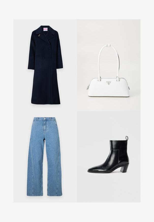 Tumes sinine kahekordne villane mantel, millel on lai krae, küljetaskud ja kuldne "Fideli" tikand krael.; Hall grey kudumüts, millel on must ja beež kassigraafika ning ees on sõna "Tulevik" roosas värvuses.; Heledad sinised laiad püksid, mis on valmistatud denimist, kõrge vöökoha, sirge lõikega ja kontrastsete õmblustega õmbluste ääres.; Must musta saapad terava nina, geomeetrilise kuuega ja tagaküljel tõmberaudaga. Sile tekstuur ja läikiv disain.; Valge nahast käekott, millel on kumer kuju, hõbedane kolmnurkne logo ja lukk. Sile tekstuur ja kaks sangat.