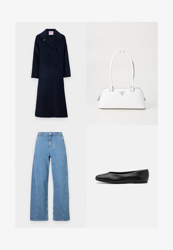 Navy double-breasted coat made of wool, featuring a wide collar, side pockets, and gold "Fideli" embroidery on the lapel.; Gray knitted sweater featuring a cat graphic in black and beige, with the word "Future" in pink across the front.; Light blue wide-leg jeans made of denim, featuring a high waist, straight cut, and contrasting stitching along the seams.; Paul Smith TOPANGA - Ballet pumps - black; White leather handbag with a curved shape, featuring a silver triangular logo and zipper closure. Smooth texture and dual handles.