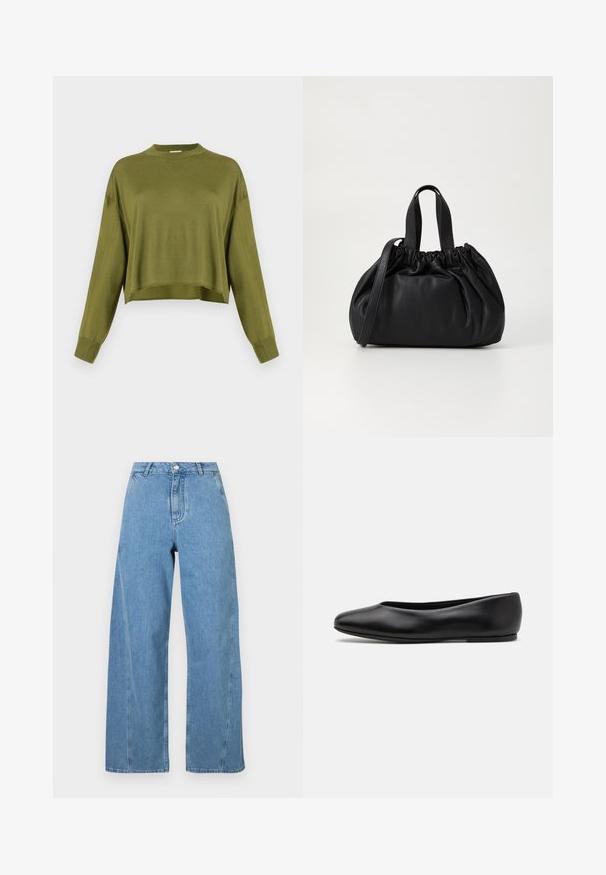 Navy double-breasted coat made of wool, featuring a wide collar, side pockets, and gold "Fideli" embroidery on the lapel.; Olive green long-sleeve cropped sweater with a high crew neck and ribbed cuffs against a white background.; Light blue wide-leg jeans made of denim, featuring a high waist, straight cut, and contrasting stitching along the seams.; Paul Smith TOPANGA - Ballet pumps - black; Black leather handbag with a gathered top design, featuring two short handles and a long adjustable strap. Smooth texture, rounded shape.