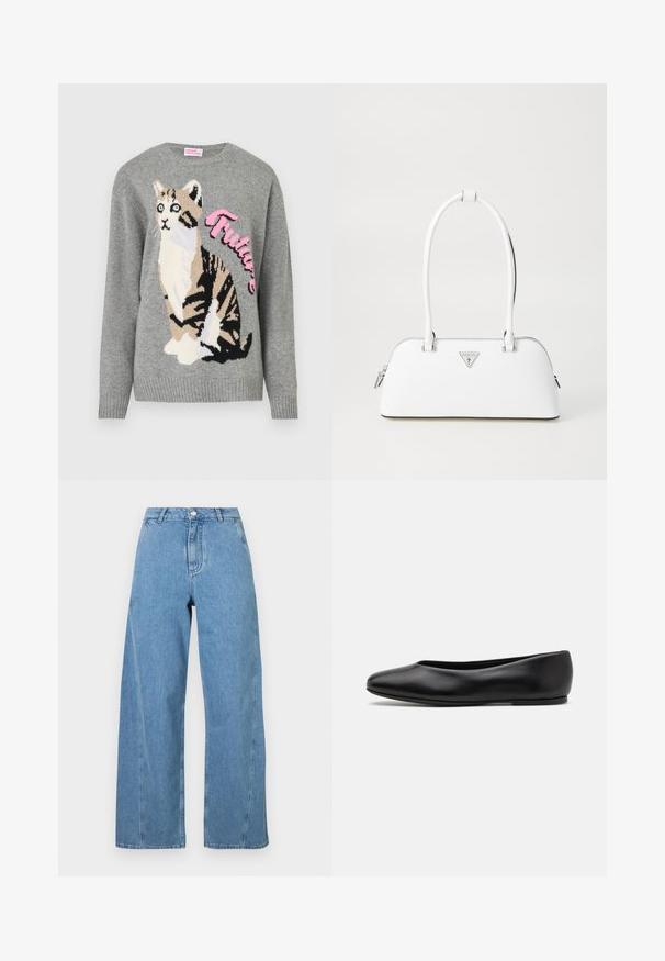 Cappotto doppiopetto navy in lana, con ampio colletto, tasche laterali e ricamo dorato "Fideli" sulla bavero.; Maglione grigio a maglia con un grafico di un gatto in nero e beige, con la parola "Future" in rosa sulla parte anteriore.; Jeans a gamba larga di cotone denim di colore blu chiaro, con vita alta, taglio dritto e cuciture a contrasto lungo le cuciture.; Paul Smith TOPANGA - Ballerine - black; Borsa a mano bianca in pelle con forma curvola, dotata di un logo triangolare argentato e chiusura con zip. Texture liscia e manici doppi.