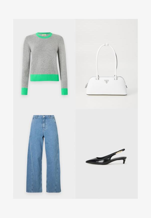Marineblauwe double-breasted jas van wol, met een brede kraag, zijzakken en gouden "Fideli" borduursel op de revers.; Lange mouw grijze trui met felgroene geribde kraag, manchetten en zoom, weergegeven tegen een effen witte achtergrond.; Lichtblauwe wijde jeans gemaakt van denim, met een hoge taille, rechte snit en contrasterende stiksels langs de naden.; Zwarte leren slingback hakken met een spitse neus, voorzien van een slanke hak en een goudkleurige accent op de verstelbare band. Gladde textuur.; Witte leren handtas met een gebogen vorm, voorzien van een zilveren driehoekig logo en ritssluiting. Gladde textuur en dubbele handvaten.