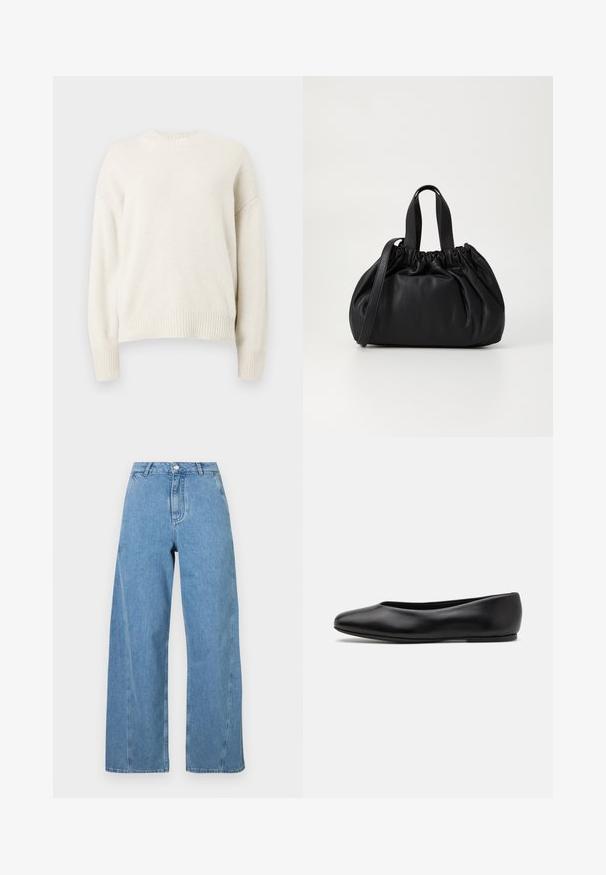 Casaco azul-marinho de duas fileiras, feito de lã, com um colarinho largo, bolsos laterais e bordado dourado "Fideli" no lapel.; Suéter de creme texturizado com gola redonda ribbed e punhos. Apresenta um ajuste solto e ombros ligeiramente caídos. Sem padrões visíveis.; Jeans de perna larga azul claro feitos de denim, com cintura alta, corte reto e costura contrastante ao longo das costuras.; Paul Smith TOPANGA - Sabrinas - black; Bolsa de couro preta com um design de topo franzido, apresentando duas alças curtas e uma alça longa ajustável. Textura suave, formato arredondado.
