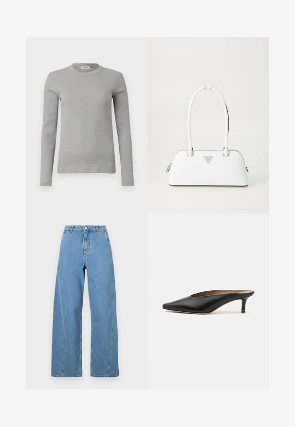Navy double-breasted coat made of wool, featuring a wide collar, side pockets, and gold "Fideli" embroidery on the lapel.; Gray long-sleeve sweater made of ribbed fabric, featuring a round neckline and a fitted silhouette. Simple design, no visible patterns or accents.; Light blue wide-leg jeans made of denim, featuring a high waist, straight cut, and contrasting stitching along the seams.; Black leather mules with a pointed toe and low, block heel. Smooth texture with a sleek design. Open back with minimal detailing.; White leather handbag with a curved shape, featuring a silver triangular logo and zipper closure. Smooth texture and dual handles.