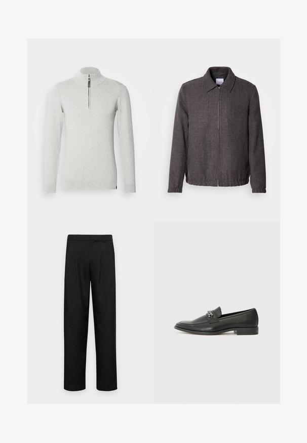 Lindbergh TEXTURED ZIP THROUGHT JACKET - Nyári dzseki - charcoal; Világosszürke, zipzárral záródó pulóver, puha anyagból készült, álló gallérral és hosszú ujjakra, bordázott mandzsettákkal és alján.; Fekete nadrág sima anyagból, egyenes szárú fazonnal, két elülső redővel és közönséges derékkal, övhurkokkal.; Fekete bőr loaferek sima felülettel, varrott mintával és díszítő fém lánccal a cipő elején. Lapos sarok.