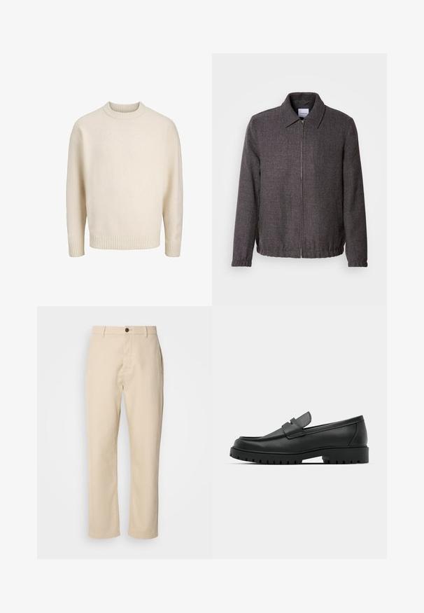 Lindbergh TEXTURED ZIP THROUGHT JACKET - Let jakke / Sommerjakker - charcoal; Cremefarvet bomuldsblended sweater med ribbet rund hals, dropped shoulders og ribbede manchetter og kant. Blød tekstur med en afslappet pasform.; Beige bomuldsbukser med lige ben, en frontknaplukning, sidelommer og en glat tekstur. Minimalistisk design, ingen synlige mønstre.; Sorte læder loafers med rund tå, der har et syet design, lav platformssål og en struktureret, skridsikker gummisål.