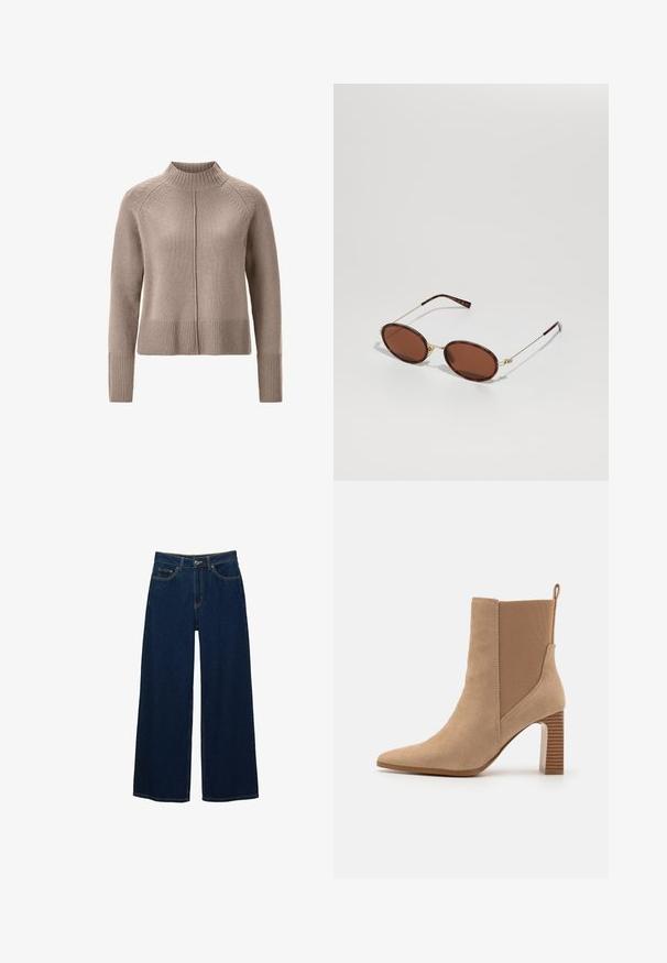 Brun ruskindjakke med brun læderkrave, med toggles og to store forlommer. Glat tekstur og oversized design.; Beige strikket sweater med høj hals, ribbet kant og manchetter, der har minimal detaljer ved skuldrene. Blød tekstur, afslappet pasform.; Bredde ben mørkeblå jeans lavet af denim, med høj talje, kontrastsyninger, forlommer og en knap-lynlås lukning.; Beige ankelstøvle lavet af ruskind med elastiske sidepaneler, spidse tæer og en stribet blokhæl. Har en løftestrop bagpå.; Brune ovale solbriller med en guldmetalramme, tynde stænger og brune tonede linser. Logo-detalje på stangen. Glat overflade generelt.