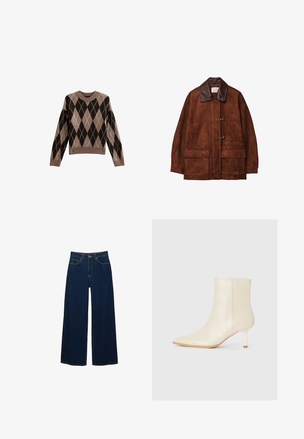 Bruine suède jas met een bruine leren kraag, voorzien van toggle-sluitingen en twee grote voorkzakken. Glad textuur en oversized ontwerp.; New Look ARGYLE CREW NECK MIDWEIGHT - Trui - brown pattern; Brede donkerblauwe jeans van denim, met een hoge taille, contrasterende stiksel, voorzakken en een knoop-rits sluiting.; Crème-kleurige enkelboot met spitse neus en slanke hiel van gemiddelde hoogte, met een gladde textuur, weergegeven vanaf de buitenkant op een witte achtergrond.