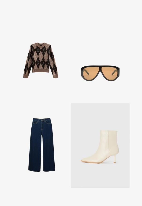 Veste en daim marron avec un col en cuir marron, dotée de fermetures à bascule et de deux grandes poches avant. Texture lisse et design oversize.; New Look ARGYLE CREW NECK MIDWEIGHT - Pullover - brown pattern; Jean large bleu foncé en denim, avec une taille haute, des coutures contrastées, des poches avant et une fermeture à bouton et zip.; Botte de cheville crème à bout pointu et talon moyen élancé, texture lisse, présentée de l'extérieur sur fond blanc.; De grandes lunettes de soleil noires avec des verres marron, dotées de montures larges et angulaires et de branches droites. Fini lisse et brillant, matériel minimal.