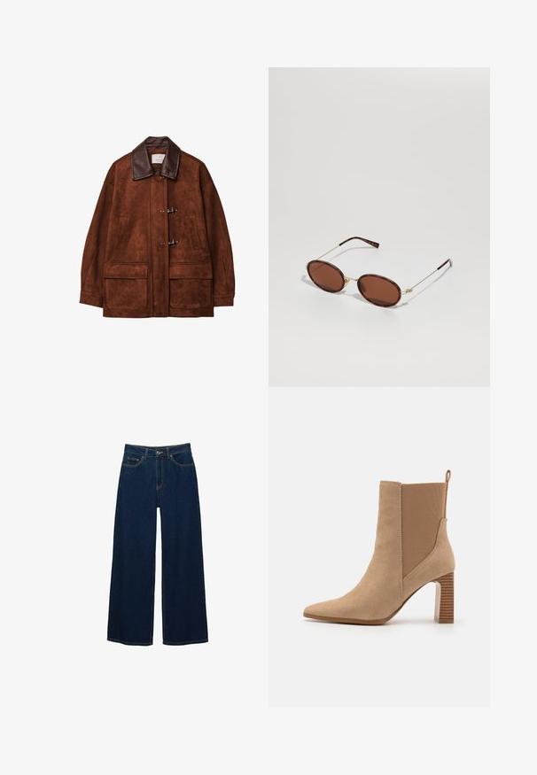 Hnědá nubuková bunda s hnědým koženým límcem, vybavená uzávěry na knoflíky a dvěma velkými předními kapsami. Hladká textura a volný střih.; Kratší rukáv, tmavě burgundská polo košile vyrobená z texturované látky, s V výstřihem, třemi knoflíky a pevným límcem.; Široké tmavě modré džíny vyrobené z denimu, s vysokým pasem, kontrastním prošíváním, předními kapsami a zapínáním na knoflík a zip.; Béžová kotníková bota vyrobená z semiše s elastickými bočními panely, špičatou špičkou a pruhovaným blokovým podpatkem. Obsahuje poutko na zadní části.; Hnědé oválné sluneční brýle se zlatým kovovým rámem, tenkými stranami a čočkami s hnědým tónováním. Detail loga na straně. Celkově hladká textura.